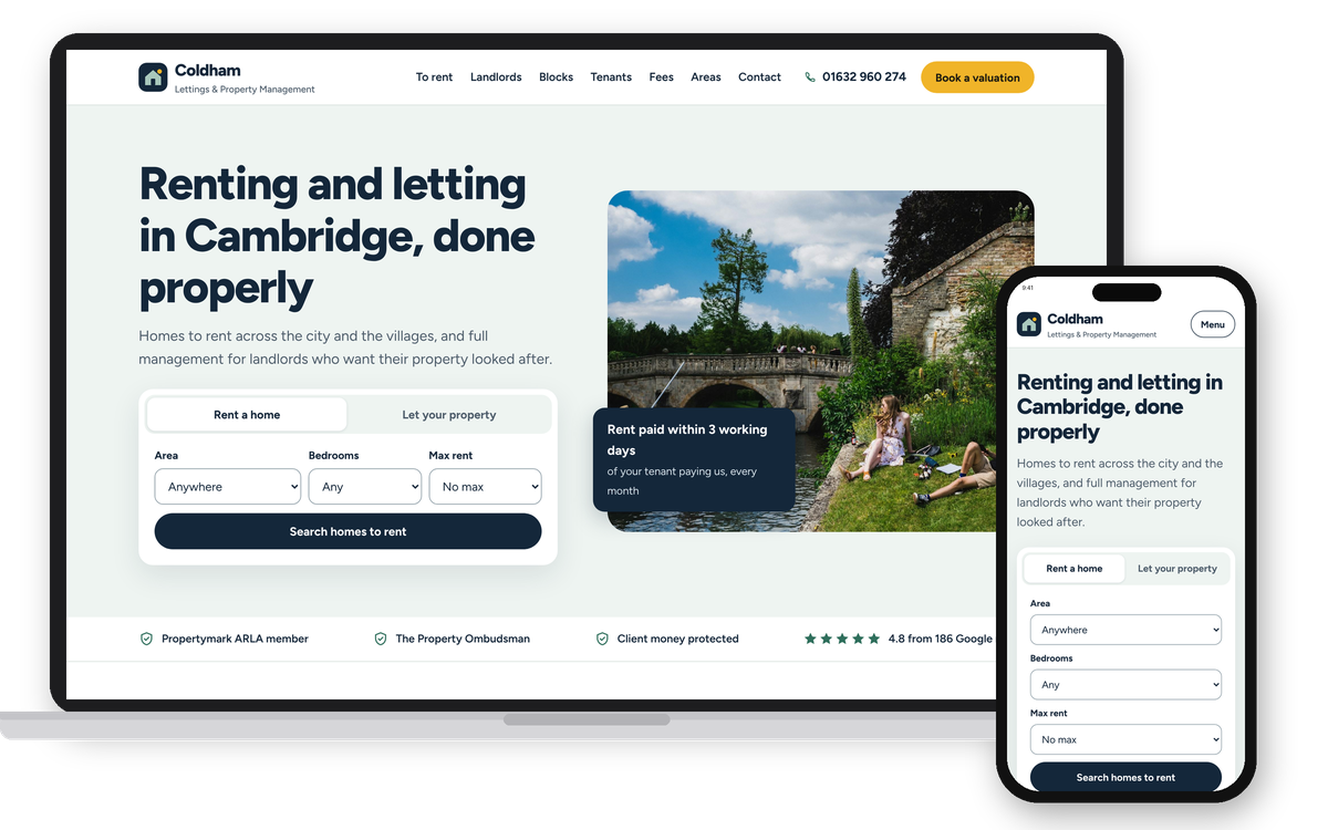 The Coldham Lettings & Property Management example website on a laptop and a phone