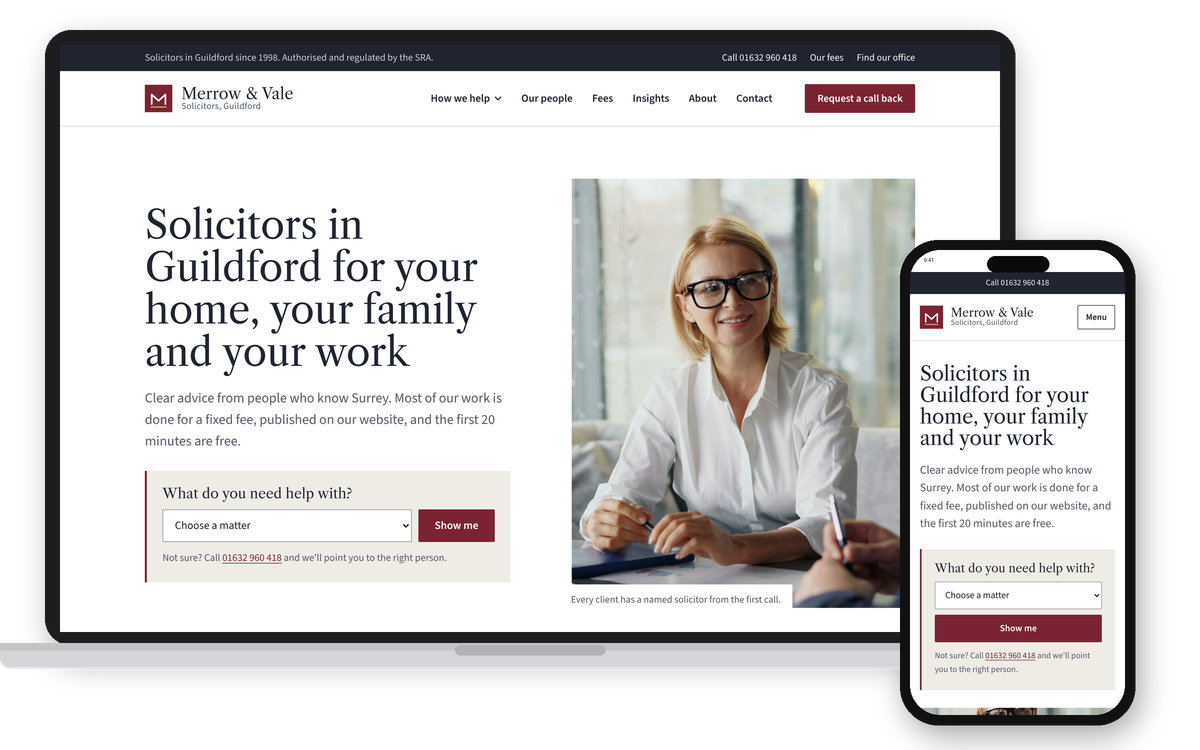 The Merrow & Vale Solicitors example website on a laptop and a phone