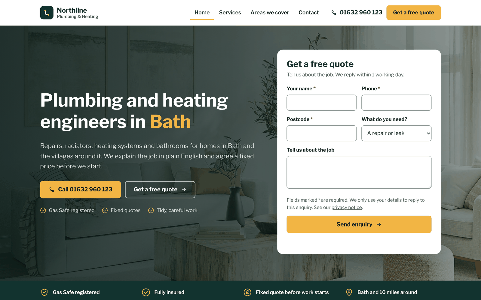 The home page of an example website for a fictional plumber