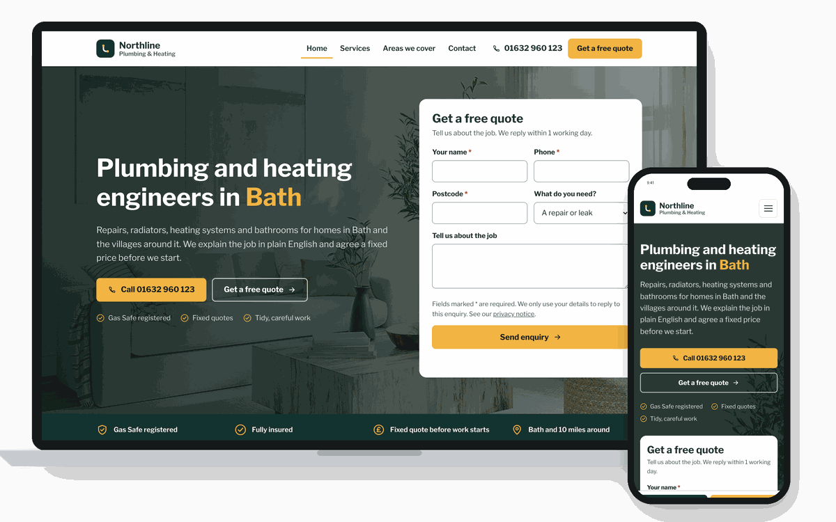 An example website for a fictional plumber, shown on a laptop and a phone