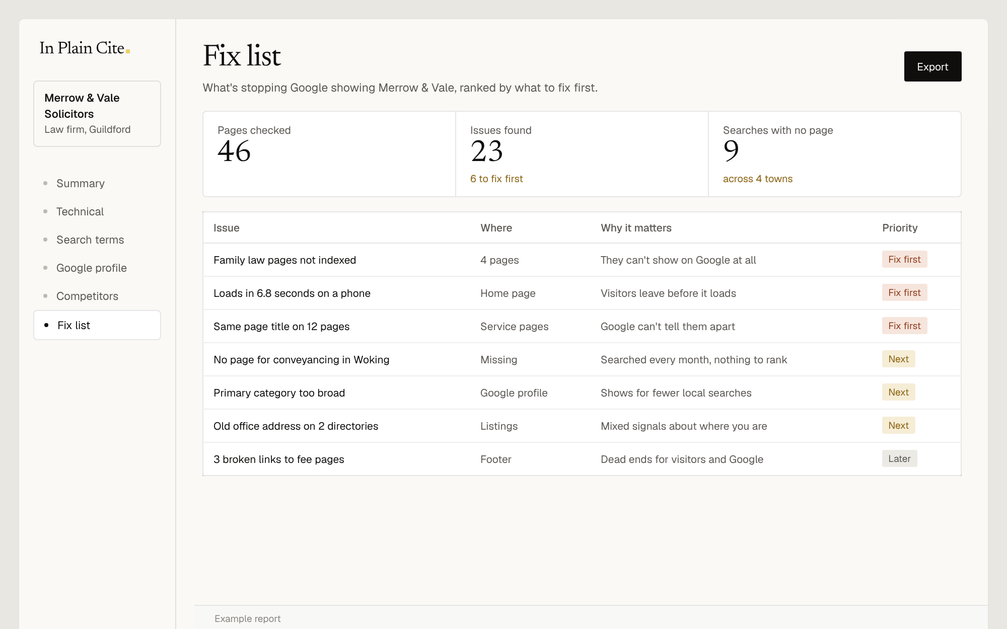 Example SEO fix list for a fictional law firm, ranking issues by what to fix first